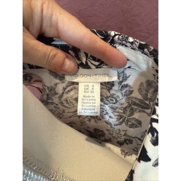 London Times Linen Floral Toile Tie Waist Dress Button Black White Size 4 - Picture 8 of 10